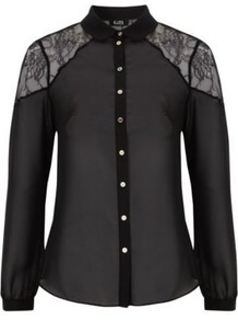 G21 Lace Panel Blouse Black - neckline: shirt collar/peter pan/zip with opening; style: blouse; predominant colour: black; occasions: casual, evening, work; length: standard; fibres: polyester/polyamide - 100%; fit: straight cut; shoulder detail: added shoulder detail; sleeve length: long sleeve; sleeve style: standard; texture group: lace; pattern type: fabric; pattern size: small & light; pattern: patterned/print