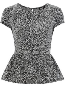 G21 Animal Print Peplum Top Charcoal - neckline: round neck; sleeve style: capped; waist detail: peplum waist detail; predominant colour: charcoal; occasions: casual, evening, work; length: standard; style: top; fibres: polyester/polyamide - mix; fit: tailored/fitted; back detail: keyhole/peephole detail at back; sleeve length: short sleeve; texture group: jersey - clingy; pattern type: fabric; pattern size: small & busy; pattern: animal print
