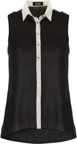 G21 Contrast Trim Blouse Black - neckline: shirt collar/peter pan/zip with opening; sleeve style: sleeveless; shoulder detail: obvious epaulette; style: blouse; predominant colour: black; occasions: evening, work; length: standard; fibres: polyester/polyamide - 100%; fit: body skimming; back detail: longer hem at back than at front; sleeve length: sleeveless; texture group: sheer fabrics/chiffon/organza etc.; pattern type: fabric; pattern: colourblock