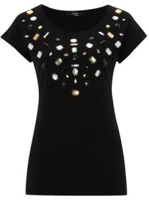 Jewel Embellished T Shirt Black - neckline: round neck; pattern: plain; bust detail: added detail/embellishment at bust; style: t-shirt; predominant colour: black; occasions: casual, evening, holiday; length: standard; fibres: cotton - 100%; fit: body skimming; sleeve length: short sleeve; sleeve style: standard; pattern type: fabric; pattern size: small & light; texture group: jersey - stretchy/drapey; embellishment: jewels
