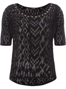Animal Burnout Jersey Top Black - neckline: round neck; style: t-shirt; predominant colour: black; occasions: casual, evening; length: standard; fibres: cotton - mix; fit: straight cut; sleeve length: short sleeve; sleeve style: standard; pattern type: fabric; pattern size: big & busy; pattern: patterned/print; texture group: jersey - stretchy/drapey; embellishment: studs