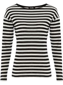 G21 Striped Jersey Top Black - pattern: horizontal stripes; style: t-shirt; predominant colour: black; occasions: casual; length: standard; fibres: cotton - mix; fit: body skimming; neckline: crew; sleeve length: long sleeve; sleeve style: standard; pattern type: fabric; pattern size: standard; texture group: jersey - stretchy/drapey