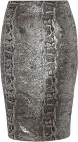 Metallic Print Pencil Skirt Silver - style: pencil; fit: tailored/fitted; hip detail: fitted at hip; waist: mid/regular rise; predominant colour: silver; occasions: evening; length: just above the knee; fibres: polyester/polyamide - mix; texture group: ornate wovens; trends: metallics; pattern type: fabric; pattern size: small & busy; pattern: animal print