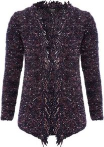 Moda Fringe Cardigan Navy - pattern: plain; neckline: collarless open; style: open front; predominant colour: navy; occasions: casual, work; length: standard; fibres: cotton - mix; fit: standard fit; sleeve length: long sleeve; sleeve style: standard; pattern type: fabric; pattern size: standard; texture group: tweed - bulky/heavy; embellishment: fringing