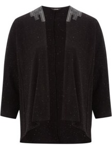 Pu Trim Cardigan Black - pattern: plain; neckline: waterfall neck; shoulder detail: contrast pattern/fabric at shoulder; style: open front; predominant colour: black; occasions: casual; length: standard; fibres: cotton - stretch; fit: loose; back detail: longer hem at back than at front; sleeve length: 3/4 length; sleeve style: standard; texture group: knits/crochet; pattern type: knitted - fine stitch; pattern size: small & light