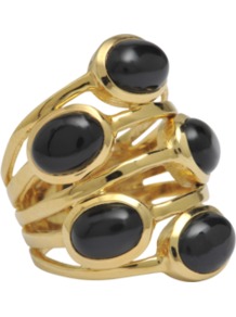 Golden Ring With Black Onyx Stones - predominant colour: black; occasions: casual, evening, occasion, holiday; style: cocktail; size: large/oversized; material: chain/metal; finish: metallic; embellishment: jewels