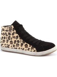Leopard Print Hi Top Trainers - predominant colour: black; occasions: casual; material: fabric; heel height: flat; heel: standard; toe: round toe; boot length: ankle boot; style: high top; finish: plain; pattern: animal print