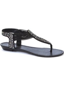 Black Embellished Flat Sandals - predominant colour: black; occasions: casual, holiday; material: faux leather; heel height: flat; embellishment: crystals; ankle detail: ankle strap; heel: standard; toe: toe thongs; style: flip flops / toe post; finish: plain; pattern: plain