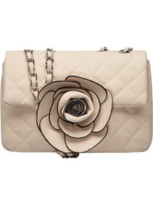 Stone Rosette Quilted Crossbody - predominant colour: ivory; occasions: casual, evening, occasion, holiday; type of pattern: light; style: shoulder; length: across body/long; size: small; material: faux leather; pattern: plain; finish: plain; embellishment: corsage