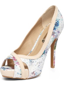 Floral Platform Peep Courts - predominant colour: ivory; secondary colour: nude; occasions: evening, work, occasion; material: faux leather; heel height: high; heel: stiletto; toe: open toe/peeptoe; style: courts; finish: plain; pattern: florals