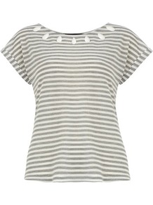Gem Neck Stripe Tee - neckline: round neck; pattern: horizontal stripes; bust detail: added detail/embellishment at bust; style: t-shirt; secondary colour: white; predominant colour: mid grey; occasions: casual, holiday; length: standard; fibres: polyester/polyamide - mix; fit: body skimming; sleeve length: short sleeve; sleeve style: standard; pattern type: fabric; pattern size: standard; texture group: jersey - stretchy/drapey; embellishment: beading