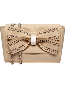 Blush Scallop Bow Crossbody - predominant colour: nude; occasions: casual, evening, occasion; style: messenger; length: across body/long; size: small; material: faux leather; pattern: plain; finish: plain; embellishment: bow