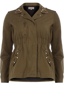 Khaki Studded Army Jacket - pattern: plain; shoulder detail: obvious epaulette; bust detail: added detail/embellishment at bust; collar: standard lapel/rever collar; predominant colour: khaki; occasions: casual, evening, work; length: standard; fit: straight cut (boxy); fibres: cotton - 100%; waist detail: fitted waist; back detail: embellishment at back; sleeve length: long sleeve; sleeve style: standard; texture group: cotton feel fabrics; collar break: medium; pattern type: fabric; embellishment: studs; style: single breasted military jacket