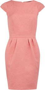 Coral Embossed Lantern Dress - style: shift; neckline: slash/boat neckline; sleeve style: capped; fit: tailored/fitted; pattern: plain; waist detail: fitted waist; predominant colour: pink; occasions: evening, occasion; length: just above the knee; fibres: cotton - mix; hip detail: ruching/gathering at hip; sleeve length: short sleeve; texture group: cotton feel fabrics