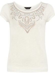 Ivory Stud Necklace Tee - neckline: round neck; sleeve style: capped; bust detail: added detail/embellishment at bust; style: t-shirt; predominant colour: ivory; occasions: casual, work, holiday; length: standard; fibres: viscose/rayon - 100%; fit: body skimming; sleeve length: short sleeve; pattern type: fabric; pattern size: small & light; pattern: patterned/print; texture group: jersey - stretchy/drapey; embellishment: studs