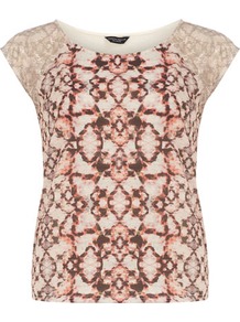 Snake Lace Print Tee - neckline: round neck; sleeve style: capped; style: t-shirt; shoulder detail: contrast pattern/fabric at shoulder; secondary colour: ivory; predominant colour: chocolate brown; occasions: casual, work, holiday; length: standard; fibres: cotton - 100%; fit: body skimming; sleeve length: sleeveless; pattern type: fabric; pattern size: big & busy; pattern: patterned/print; texture group: jersey - stretchy/drapey