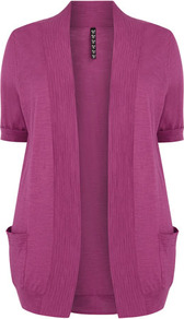 Pink Slub Cardigan - pattern: plain; length: below the bottom; neckline: collarless open; style: open front; predominant colour: pink; occasions: casual, work; fibres: cotton - 100%; fit: loose; sleeve length: short sleeve; sleeve style: standard; texture group: knits/crochet; pattern type: knitted - fine stitch; pattern size: standard