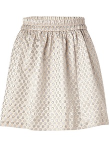 Oatmeal/Multi Romy Dot Jacquard Skirt - style: full/prom skirt; fit: loose/voluminous; waist detail: elasticated waist; waist: high rise; predominant colour: stone; occasions: evening, work, occasion; length: just above the knee; fibres: polyester/polyamide - mix; hip detail: structured pleats at hip; texture group: ornate wovens; trends: metallics, volume; pattern type: fabric; pattern size: standard; pattern: patterned/print