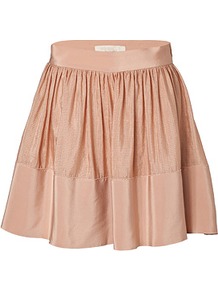Nude Silk Linen Skirt - pattern: plain; fit: loose/voluminous; waist detail: twist front waist detail/nipped in at waist on one side/soft pleats/draping/ruching/gathering waist detail; waist: mid/regular rise; predominant colour: nude; occasions: evening, work, occasion, holiday; length: just above the knee; style: a-line; fibres: silk - mix; hip detail: ruching/gathering at hip; texture group: silky - light; trends: volume; pattern type: fabric; pattern size: standard
