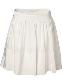 White Silk Linen Skirt - length: mid thigh; pattern: plain; style: full/prom skirt; fit: loose/voluminous; waist detail: wide waistband/cummerbund; waist: high rise; predominant colour: white; occasions: casual, evening, occasion, holiday; fibres: silk - mix; hip detail: structured pleats at hip; texture group: silky - light; trends: volume; pattern type: fabric; pattern size: standard