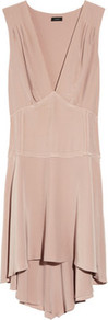 Cathy Silk Crepe De Chine Dress - neckline: low v-neck; pattern: plain; sleeve style: sleeveless; waist detail: fitted waist; bust detail: ruching/gathering/draping/layers/pintuck pleats at bust; predominant colour: nude; occasions: evening, work, occasion; length: just above the knee; fit: soft a-line; style: asymmetric (hem); fibres: silk - 100%; hip detail: soft pleats at hip/draping at hip/flared at hip; shoulder detail: flat/draping pleats/ruching/gathering at shoulder; back detail: longer hem at back than at front; sleeve length: sleeveless; texture group: crepes; trends: glamorous day shifts; pattern type: fabric