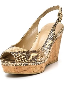 Jean Peeptoe Platform Wedges - predominant colour: tan; occasions: casual, holiday; material: leather; heel height: mid; embellishment: buckles; heel: wedge; toe: open toe/peeptoe; style: standard; finish: plain; pattern: animal print
