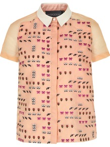 Xoxo Mixed Messages Shirt - neckline: shirt collar/peter pan/zip with opening; style: shirt; back detail: contrast pattern/fabric at back; predominant colour: nude; occasions: casual, evening, work; length: standard; fibres: silk - mix; fit: body skimming; sleeve length: short sleeve; sleeve style: standard; texture group: sheer fabrics/chiffon/organza etc.; pattern type: fabric; pattern size: small & light; pattern: patterned/print