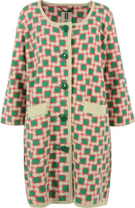 Fsm211 Flower Spot Melon Coat - collar: round collar/collarless; style: single breasted; hip detail: front pockets at hip; length: mid thigh; predominant colour: emerald green; occasions: casual, work; fit: straight cut (boxy); fibres: cotton - 100%; sleeve length: 3/4 length; sleeve style: standard; texture group: cotton feel fabrics; trends: statement prints; collar break: high; pattern type: fabric; pattern size: standard; pattern: patterned/print
