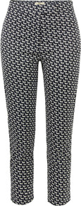 Ctb512 Come Fly With Me Ink Trousers - waist: mid/regular rise; secondary colour: white; predominant colour: navy; occasions: casual, evening, occasion; length: calf length; fibres: cotton - stretch; texture group: cotton feel fabrics; trends: statement prints; fit: slim leg; pattern type: fabric; pattern size: small & busy; pattern: patterned/print; style: standard