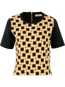Fsm244 Truffle Flower Spot Top - neckline: round neck; back detail: contrast pattern/fabric at back; predominant colour: black; occasions: casual, work; length: standard; style: top; fibres: cotton - 100%; fit: straight cut; sleeve length: short sleeve; sleeve style: standard; texture group: crepes; pattern type: fabric; pattern size: standard; pattern: florals