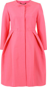 Otm822 Solid Ottoman Peony Coat - pattern: plain; collar: round collar/collarless; style: single breasted; hip detail: flared at hip; length: mid thigh; predominant colour: pink; occasions: casual, evening, work, occasion; fit: tailored/fitted; fibres: cotton - mix; waist detail: fitted waist; sleeve length: 3/4 length; sleeve style: standard; texture group: structured shiny - satin/tafetta/silk etc.; collar break: high; pattern type: fabric