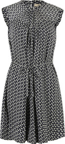 Cfm753 Come Fly With Me Ink Dress - style: tunic; fit: fitted at waist; sleeve style: sleeveless; neckline: high neck; waist detail: belted waist/tie at waist/drawstring; predominant colour: navy; occasions: casual, evening, work; length: just above the knee; fibres: silk - 100%; back detail: keyhole/peephole detail at back; sleeve length: sleeveless; texture group: silky - light; trends: statement prints, modern geometrics; pattern type: fabric; pattern size: small & busy; pattern: patterned/print