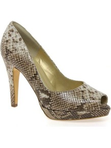 Brown Patu Womens High Heeled Open Court Shoes - predominant colour: chocolate brown; occasions: evening, work; material: leather; heel height: high; heel: stiletto; toe: open toe/peeptoe; style: courts; finish: plain; pattern: animal print