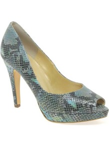 Turquoise Patu Womens High Heeled Open Court Shoes - predominant colour: turquoise; occasions: evening, occasion; material: leather; heel height: high; heel: platform; toe: open toe/peeptoe; style: courts; finish: plain; pattern: animal print