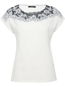 Women's Applique Short Sleeve Top - pattern: plain; bust detail: added detail/embellishment at bust; style: t-shirt; shoulder detail: contrast pattern/fabric at shoulder; predominant colour: white; occasions: casual; length: standard; fibres: cotton - 100%; fit: body skimming; neckline: crew; sleeve length: short sleeve; sleeve style: standard; pattern type: fabric; pattern size: standard; texture group: jersey - stretchy/drapey; embellishment: applique