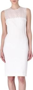 Cut Out Detail Dress - style: shift; fit: fitted at waist; pattern: plain; sleeve style: sleeveless; waist detail: fitted waist; hip detail: fitted at hip; shoulder detail: contrast pattern/fabric at shoulder; back detail: contrast pattern/fabric at back; predominant colour: white; occasions: evening, occasion; length: just above the knee; fibres: cotton - mix; neckline: crew; bust detail: contrast pattern/fabric/detail at bust; sleeve length: sleeveless; texture group: structured shiny - satin/tafetta/silk etc.; trends: glamorous day shifts; pattern type: fabric; pattern size: standard