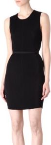 Ribbed Sleeveless Dress - style: shift; length: mid thigh; pattern: plain; sleeve style: sleeveless; waist detail: belted waist/tie at waist/drawstring; bust detail: ruching/gathering/draping/layers/pintuck pleats at bust; predominant colour: black; occasions: casual, evening, work, occasion; fit: fitted at waist & bust; fibres: polyester/polyamide - 100%; neckline: crew; sleeve length: sleeveless; trends: glamorous day shifts; pattern type: fabric; pattern size: standard; texture group: jersey - stretchy/drapey