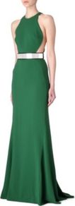 Belted Mesh Detail Gown - style: ballgown; pattern: plain; sleeve style: sleeveless; fit: bias; neckline: halter neck; back detail: racer back/sports back; hip detail: fitted at hip; waist detail: belted waist/tie at waist/drawstring; predominant colour: dark green; occasions: evening, occasion; length: floor length; sleeve length: sleeveless; texture group: crepes; trends: metallics; pattern type: fabric; pattern size: standard; embellishment: crystals; fibres: viscose/rayon - mix