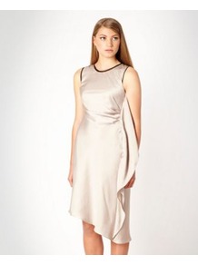Designer Beige Ruffled Side Day Dress - style: shift; pattern: plain; sleeve style: sleeveless; predominant colour: champagne; secondary colour: black; occasions: evening, occasion; length: just above the knee; fit: soft a-line; fibres: polyester/polyamide - 100%; neckline: crew; sleeve length: sleeveless; texture group: structured shiny - satin/tafetta/silk etc.; hip detail: ruffles/tiers/tie detail at hip; pattern type: fabric