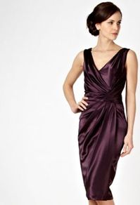 Dark Purple Asymmetric Tucked Satin Party Dress - style: faux wrap/wrap; neckline: v-neck; pattern: plain; sleeve style: sleeveless; waist detail: twist front waist detail/nipped in at waist on one side/soft pleats/draping/ruching/gathering waist detail; predominant colour: purple; occasions: evening, occasion; length: on the knee; fit: fitted at waist & bust; fibres: polyester/polyamide - stretch; hip detail: soft pleats at hip/draping at hip/flared at hip; sleeve length: sleeveless; texture group: structured shiny - satin/tafetta/silk etc.; bust detail: tiers/frills/bulky drapes/pleats; pattern type: fabric; pattern size: standard