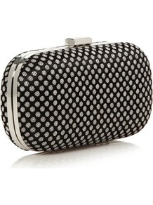 Designer Black Jacquard Dotted Clutch Bag - predominant colour: black; occasions: evening, occasion, holiday; type of pattern: heavy; style: clutch; length: hand carry; size: small; material: fabric; pattern: polka dot; finish: plain