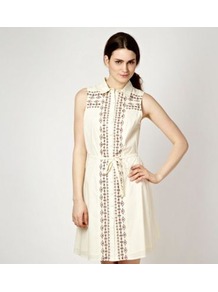 Ivory Embellished Shirt Dress - style: shirt; length: mid thigh; neckline: shirt collar/peter pan/zip with opening; sleeve style: sleeveless; waist detail: belted waist/tie at waist/drawstring; predominant colour: ivory; occasions: casual; fit: straight cut; fibres: cotton - 100%; sleeve length: sleeveless; texture group: cotton feel fabrics; pattern type: fabric; pattern size: small & light; pattern: patterned/print; embellishment: embroidered
