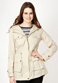 Beige Rain Mac Coat - pattern: plain; length: below the bottom; bust detail: added detail/embellishment at bust; collar: funnel; style: mac; back detail: hood; fit: slim fit; predominant colour: stone; occasions: casual; fibres: nylon - 100%; waist detail: belted waist/tie at waist/drawstring; sleeve length: long sleeve; sleeve style: standard; texture group: waxed cotton; collar break: high/illusion of break when open; pattern type: fabric