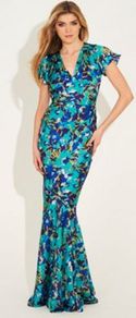 Blue Multi Printed Dorchester Maxi Dress - style: ballgown; neckline: low v-neck; sleeve style: puffed; waist detail: fitted waist; secondary colour: navy; predominant colour: turquoise; occasions: evening, occasion; length: floor length; fit: body skimming; fibres: polyester/polyamide - 100%; sleeve length: short sleeve; pattern type: fabric; pattern size: small & busy; pattern: patterned/print; texture group: other - light to midweight