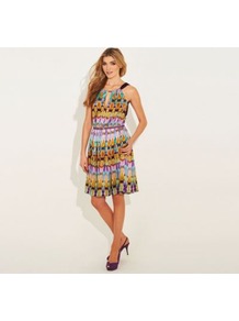 Multi Printed Angel Dress - fit: fitted at waist; sleeve style: sleeveless; style: blouson; neckline: halter neck; waist detail: belted waist/tie at waist/drawstring; secondary colour: yellow; occasions: evening, holiday; length: just above the knee; fibres: polyester/polyamide - stretch; hip detail: structured pleats at hip; predominant colour: multicoloured; sleeve length: sleeveless; texture group: sheer fabrics/chiffon/organza etc.; pattern type: fabric; pattern size: big & busy; pattern: patterned/print