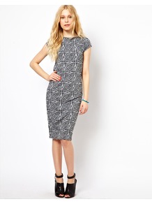 Tattoo Print Midi Dress - style: shift; sleeve style: capped; fit: tailored/fitted; waist detail: fitted waist; hip detail: fitted at hip; predominant colour: charcoal; secondary colour: charcoal; occasions: evening, work; length: on the knee; fibres: polyester/polyamide - stretch; neckline: crew; sleeve length: short sleeve; trends: modern geometrics; pattern type: fabric; pattern size: small & busy; pattern: patterned/print; texture group: jersey - stretchy/drapey