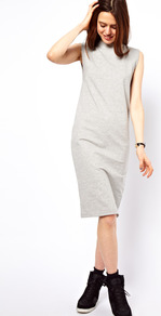 Midi Dress With Exaggerated Shoulder - style: shift; pattern: plain; sleeve style: sleeveless; predominant colour: light grey; occasions: casual; length: on the knee; fit: body skimming; fibres: cotton - mix; neckline: crew; sleeve length: sleeveless; pattern type: fabric; texture group: jersey - stretchy/drapey