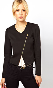 Biker Jacket In Ponte - pattern: plain; style: biker; collar: asymmetric biker; length: cropped; fit: slim fit; predominant colour: black; occasions: casual, evening; fibres: polyester/polyamide - stretch; back detail: shorter hem at back than at front; sleeve length: long sleeve; sleeve style: standard; collar break: high/illusion of break when open; pattern type: fabric; texture group: jersey - stretchy/drapey