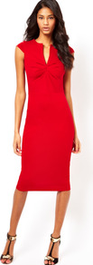Sexy Pencil Dress With Pleated Bust - length: below the knee; neckline: low v-neck; sleeve style: capped; fit: tight; pattern: plain; style: bodycon; bust detail: ruching/gathering/draping/layers/pintuck pleats at bust; predominant colour: true red; occasions: evening, work, occasion; fibres: viscose/rayon - stretch; sleeve length: sleeveless; trends: glamorous day shifts; pattern type: fabric; texture group: jersey - stretchy/drapey