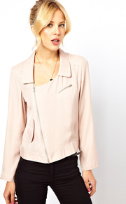 Soft Biker Jacket - pattern: plain; style: biker; collar: asymmetric biker; fit: slim fit; predominant colour: nude; occasions: casual, evening; length: standard; fibres: polyester/polyamide - 100%; sleeve length: long sleeve; sleeve style: standard; texture group: silky - light; collar break: high/illusion of break when open; pattern type: fabric